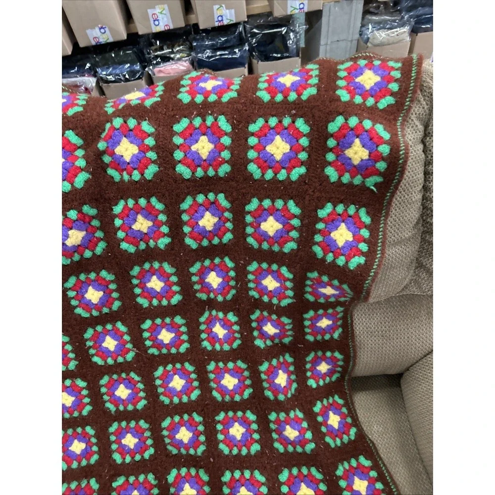Vtg 70s Brown Multicolor Flower Square Afghan Blanket Granny Crochet Throw 48x60